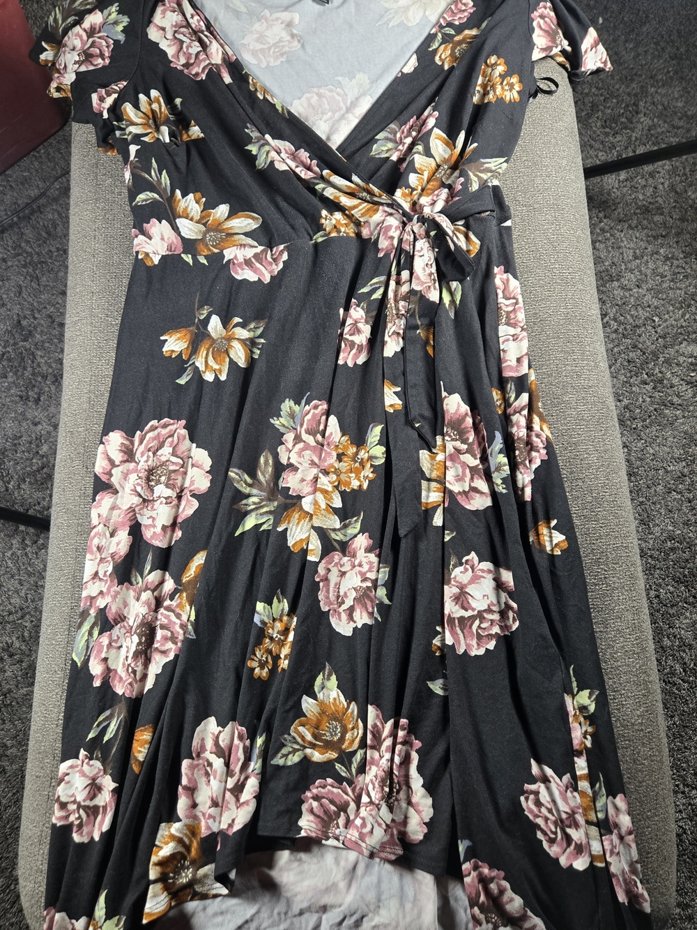 Floral Wrap Hi Low Midi Dress - Black with Pink & Gold Flowers Cottagecore Y2k